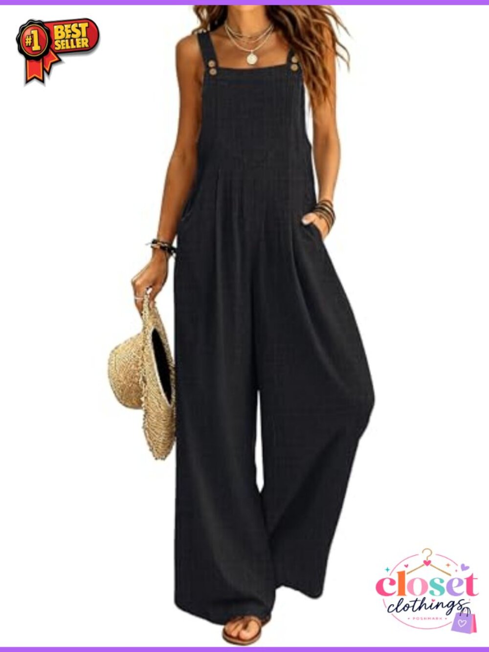 Ekouaer Casual Loose Overalls Jumpsuits Wide Leg Polyester Summer
